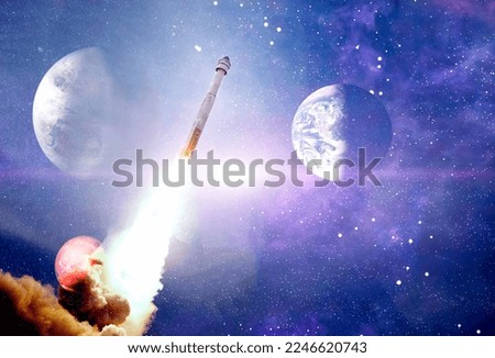 Shuttle launch in the clouds to outer space. Dark space with stars on background.Spaceship flight. Elements of this image furnished by NASA