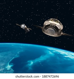 Shuttle and satellite above the earth. The elements of this image furnished by NASA.