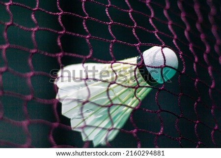 The shuttlecock is floating in a green badminton court net. background shot in low light
