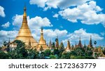 Shwedagon pagoda famous place popular and tourist attraction destination landmark in Yangon City, Shwedagon Pagoda Golden Pagoda with blue sky background, Yangon, Myanmar.