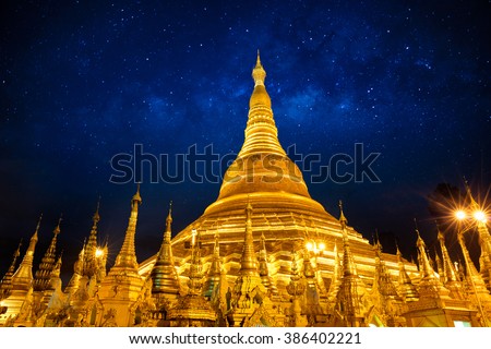 Shwedagon pagoda with milky way in the sky, Yangon Myanmar