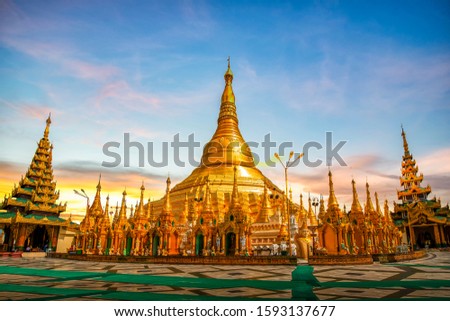 Shwedagon pagoda at sunset. This place is popular destination landmark in Yangon, Myanmar.