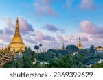 Shwedagon Pagoda, Yangon, Myanmar, Myanmar view of Shwedagon Pagoda at dusk.