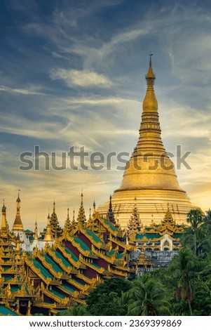 Shwedagon Pagoda, Yangon, Myanmar, Myanmar view of Shwedagon Pagoda at dusk.