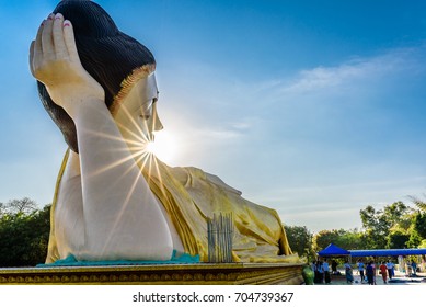 Shwethalyaung Buddha Pagoda is a reclining Buddha in the west side of Bago (Pegu), Myanmar. The Buddha which has a length of 55 meters  and a height of 16 meters, is believed to have been built in 994