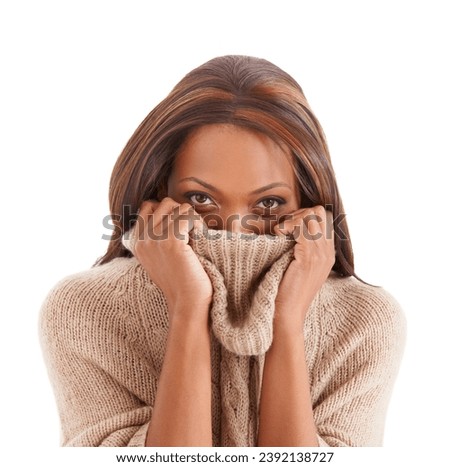 Shy, black woman and sweater with portrait, silly and girl isolated on a white studio background. Face, African person and model with winter clothing, cover and emotion with mockup space and goofy.