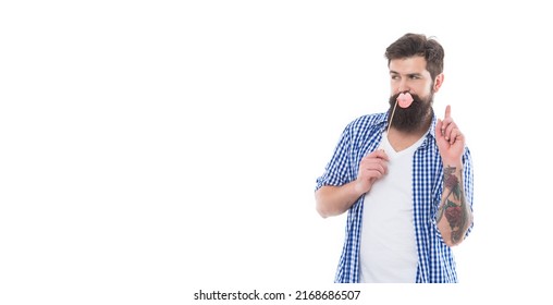 Shy Brutal Bearded Man Hold Party Accessory Isolated On White Background With Copy Space