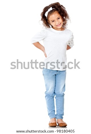Shy little girl posing - isolated over a white background