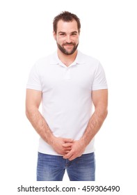 Shy Young Man In A White Polo Shirt