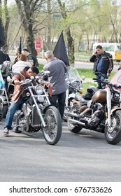 Shymkent, KAZAKHSTAN - March 15, 2017: Motorcycles at the opening of the biker season in Shymkent on March 15, 2017. People & Motorcycles