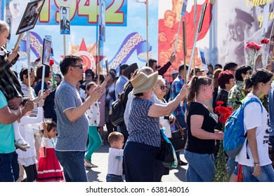 Shymkent, KAZAKHSTAN - May 9, 2017: Immortal regiment. Folk festivals of people. The feast of the victory of the Red Army and Soviet people in the Great Patriotic War of 1941-1945