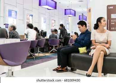 Siam Commercial Bank, Bangkok, Thailand - July 10, 2017: People Waiting In Financial Transactions In The Bank.