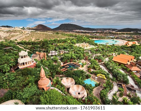 Siam Park aerial view. Water park in Costa Adeje, Tenerife, Canary Islands. A must see spectacular water attraction in Europe.