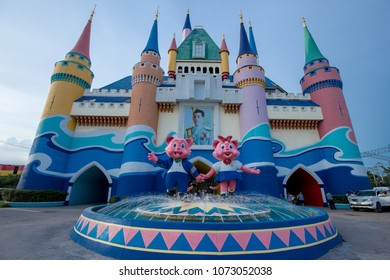 Siam Park City, Bangkok, Thailand - July 2016 : Castle In Front Of Themepark With Beautiful Sky