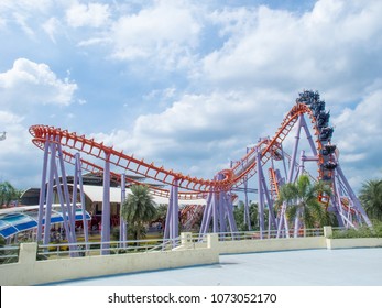 Siam Park City, Bangkok, Thailand - July 2016 : Roller Coaster In Themepark With Beautiful Sky