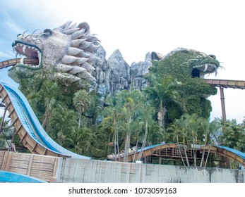 Siam Park City, Bangkok, Thailand - July 2016 : Castle Lion And Tiger Tower Face In Front Of Themepark With Beautiful Sky