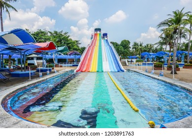 Siam Park City, Bangkok, Thailand - September 28, 2018 : Lineal Colorful Striped Water Slider In The Water Park