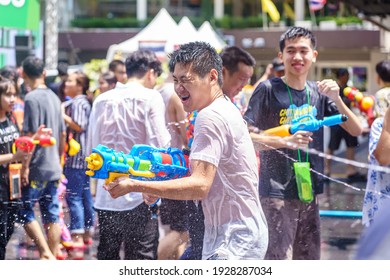 Siam Square, Bangkok, Thailand - APR 13, 2019: short action of people joins celebrations of the Thai New Year or Songkran in Siam Square.