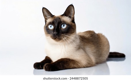 Siamese cat - Felis silvestris catus - is one of the first distinctly recognised breeds of Asian cat isolated on white background laying and looking at camera - Powered by Shutterstock