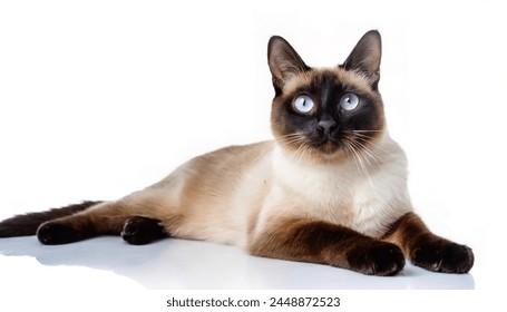 Siamese cat - Felis silvestris catus - is one of the first distinctly recognised breeds of Asian cat isolated on white background laying and looking at camera with blue eyes - Powered by Shutterstock