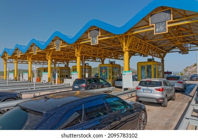 SIBENIK, CROATIA - August 13 2021: Traffic waiting at toll booths in Dubrava in summer time.