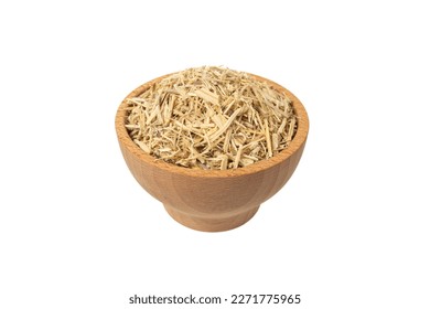siberian ginseng in latin Eleutherococcus senticosus in wooden bowl isolated on white background. in wooden bowl isolated on white background. Medicinal herb.