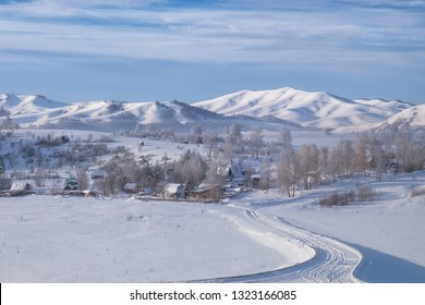 Siberian Village In The Mountains In Winter, Altai Mountains, Siberia, Russia