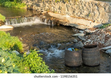 SIBIEL, TRANSYLVANIA/ROMANIA - SEPTEMBER 17 : Wooden Barrels In The River At Sibiel Transylvania Romania On September 17, 2018