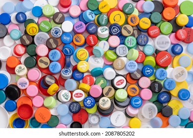 Sibiu, Romania - December 05, 2021.  Recycled Multicolored Plastic Bottle Caps. Variety Of Sizes And Colors. Recycling Is Key For Healthy Environment. Caps Collecting Initiative, Charity