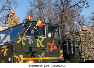 Sibiu, Romania - December 1, 2019:  The Annual Military Parade Of The Romanian Armed Forces. Romanian Army Parade