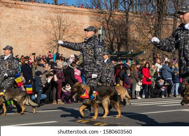 Sibiu, Romania - December 1, 2019:  The Annual Military Parade Of The Romanian Armed Forces. Romanian Army Parade