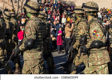 Sibiu, Romania - December 1, 2019:  The Annual Military Parade Of The Romanian Armed Forces. Romanian Army Parade