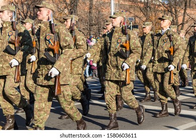 Sibiu, Romania - December 1, 2019:  The Annual Military Parade Of The Romanian Armed Forces. Romanian Army Parade