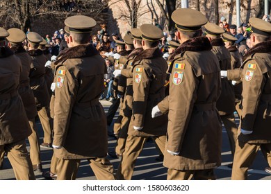 Sibiu, Romania - December 1, 2019:  The Annual Military Parade Of The Romanian Armed Forces. Romanian Army Parade