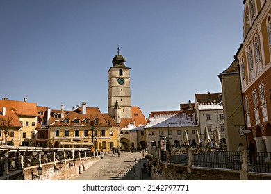 SIBIU, ROMANIA - March 2022:
Old Town Hall tower, Sibiu, Romania, Europe
