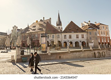 SIBIU, ROMANIA - March 2022: Old town of Sibiu. Traditional colorful old houses in Sibiu historical town, Romania