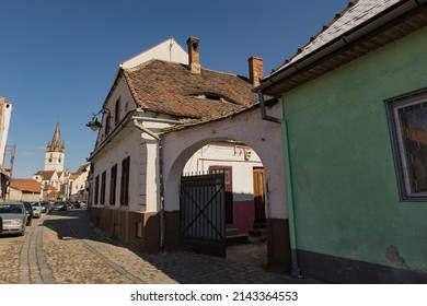SIBIU, ROMANIA - March 2022: Old town of Sibiu. Traditional colorful old houses in Sibiu historical town, Romania