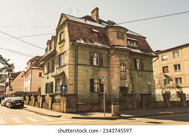 SIBIU, ROMANIA - March 2022: Old houses of Sibiu. Traditional histrical house in Sibiu historical town, Romania