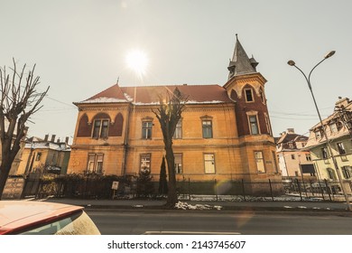 SIBIU, ROMANIA - March 2022: Old houses of Sibiu. Traditional histrical house in Sibiu historical town, Romania