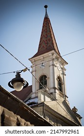 SIBIU, ROMANIA - March 2022: Old town of Sibiu. Traditional church tower in Sibiu historical town, Romania