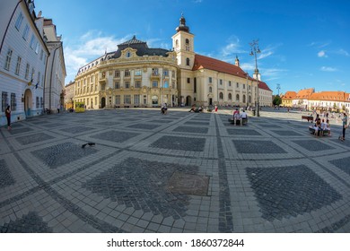 SIBIU, TRANSYLVANIA, ROMANIA - JULY 8, 2020: The main square from the center of the city, first time mentioned in 1408. Since the 15-16 century the square became the center of the medieval city.