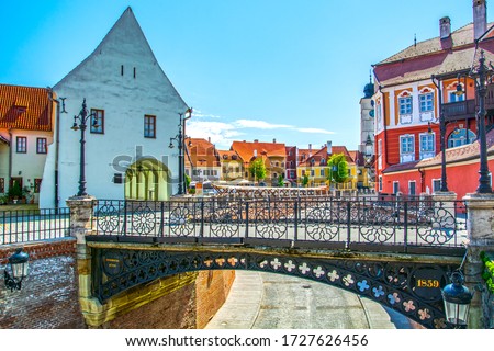 Sibiu, Transylvania, Romania, the Liars Bridge and view of Small Square and Council Tower 