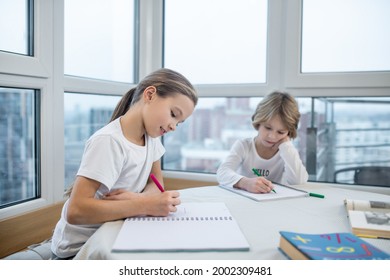 Siblings Studying At Home And Doing Lessons Together