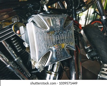 Sibu, Malaysia - February 23rd, 2018: West Coast Chopper Air Filter Installed On A Harley Davidson Motorcycle. West Coast Choppers (WCC) Is A Brand Famous With The Iron Cross/maltese Cross Logo. 