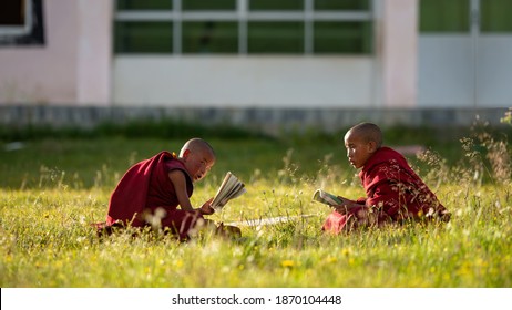 Sichuan, China. July 27, 2015. Seda Wuming Tibetan Buddhist College. On a sunny summer day, two young monks lay on the green grass holding Buddhist scriptures to study.