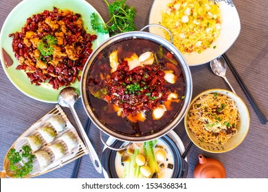 Sichuan Cuisine Food. Asian Chinese Spicy Hot Chilli Water Boiled Fish. Chengdu Chongqing  Fried Chicken. Yangzhou Fried Rice, Dim Sum, Noodles. Flat Lay Top View. Food Drink Concept.