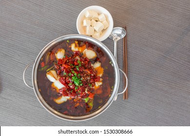 Sichuan Spicy Boiled Fish With Red Hot Spicy Chilli. Asia China Chongqing Chengdu Food. Flat Lay Top View. Food.