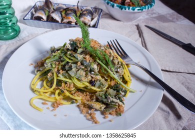 A Sicilian Dish Of Spaghetti With Sardines And Wild Fennel, In The Background A Portion Of Sardine Rolls Called 