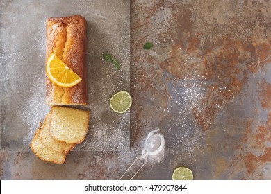 Sicilian Orange Cake With Orange Slice On Top . Top View, Blank Space, Vintage Toned Image