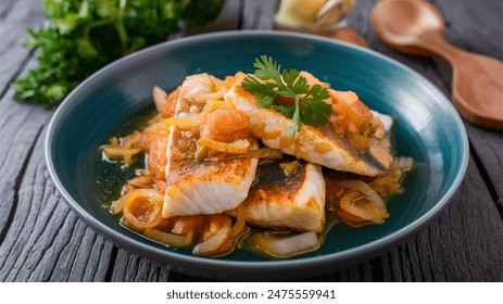 Sicilian Swordfish with Onions: Swordfish with sweet onions, cooked Sicilian style.
